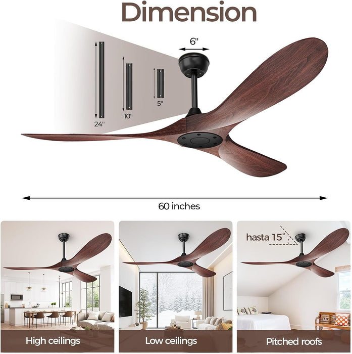 60 Inch Ceiling Fan without Lights, Walnut Finish | Outdoor Ceiling Fan with Remote, 6-Speed Adjustable Reversible DC Motor for Patio & Living Room