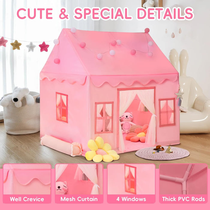 Large Kids Tent Playhouse Basic Mat with Star Lights, Flags and Tote Bags, Play Tent Indoor & Outdoor, Washable Teepee Tent for Boys & Girls, Kids Play House for Toddler（Pink）