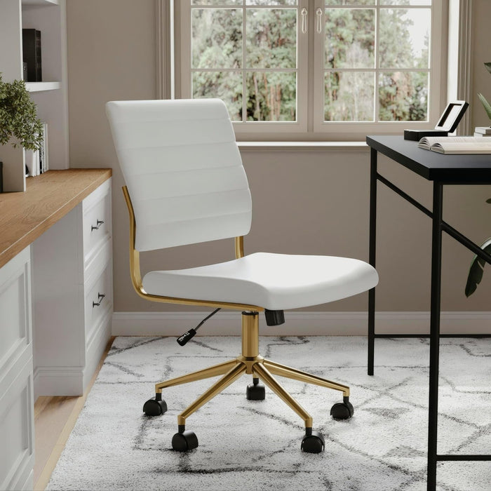 Ivy Armless Swivel Task Chair for Home Office in White Faux Leather with Polished Brass Frame