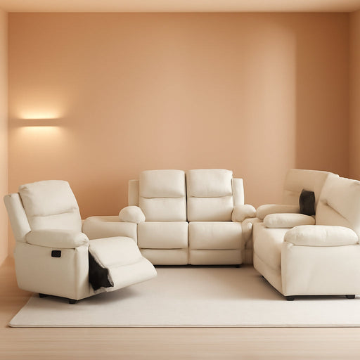 Beige Leather Reclining Sofa Set for Living Room Set,Recliner Sofa with Drop down Table/Double Recliner Loveseat with Storage Console/Recliner Chair/Faux Leather