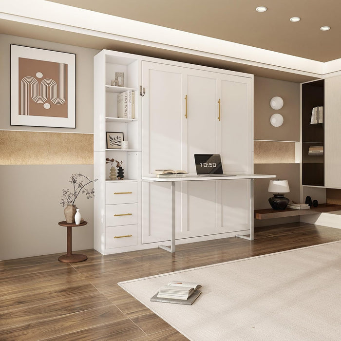 White Queen Murphy Cabinet Bed With DeskStorageSolutions