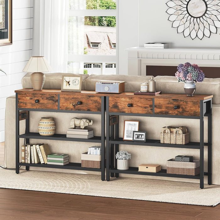 29.5" Narrow Console Table with Power Outlet, Small Entryway Table with 2 Fabric Drawers, behind Couch Table Sofa, 3-Tier Storage Shelves, for Living Room, Hallway, Rustic Brown BF72UXG01