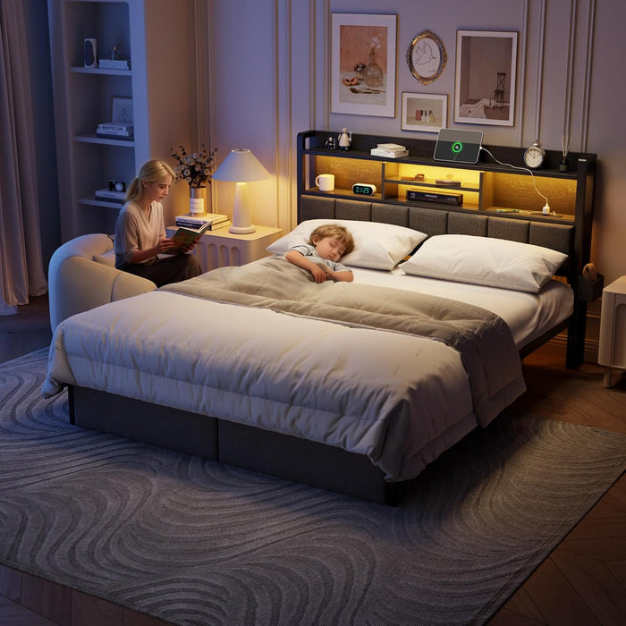 King Bed Frame with Wood Headboard & Storage Drawers, Metal Platform Bed Frames King Size with LED Lights, Built in Charging Station, No Box Spring Needed, No Noise, Easy Assembly, Black