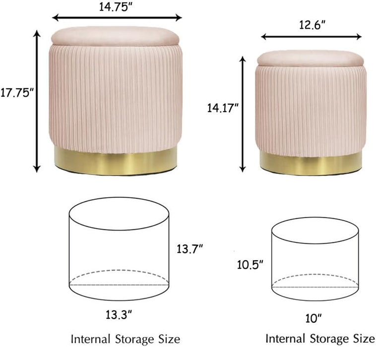 Round Ottoman with Storage Set of 2 Upholstered Velvet Vanity Stool for Living Room Storage Ottomans Multifunctional Foot Rest (Pink)