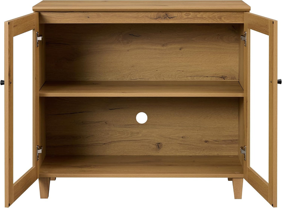 Glass Buffet Cabinet, 35.4" Modern Coffee Bar Sideboard, Oak Brown | Adjustable Shelf, Cable Management, Anti-Tip, Tempered Glass Doors, Wood Legs, Modular Storage for Dining Room Living Room