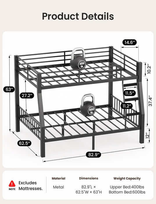Full XL over Queen Bunk Bed for Adults, Heavy Duty Metal Queen Bunk Bed Frame with Reinforced Steel Slats, Full-Length Guardrails & Anti-Slip Ladder, Noise-Free, No Box Spring Needed, Black