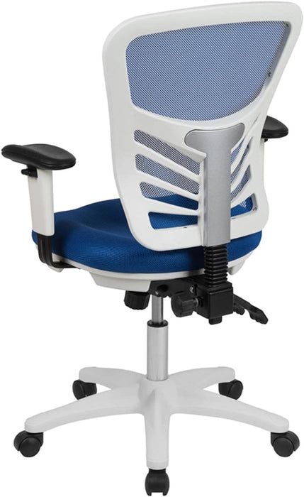 Nicholas Mid-Back Blue Mesh Multifunction Executive Swivel Ergonomic Office Chair with Adjustable Arms and White Frame