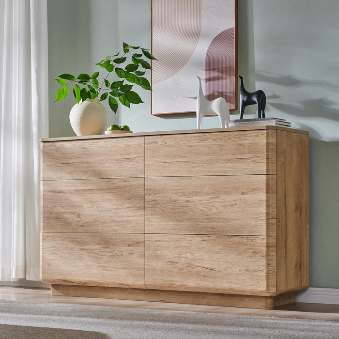 Modern 6 Drawer Dresser for Bedroom, 52" Wide Wooden Dressers with Large Storage,Handleless Chest of Drawers TV Stand for Living Room & Hallway, Curved Profile Design,Natural Oak