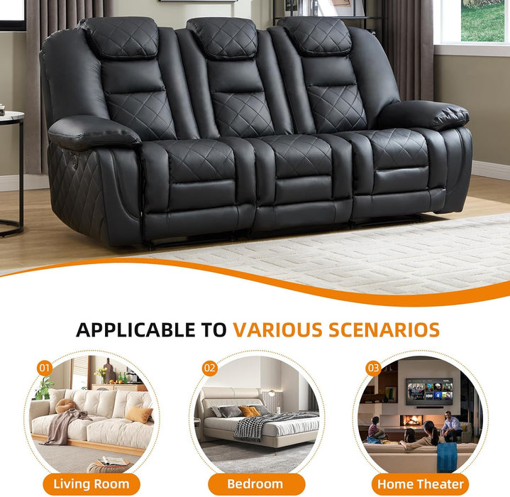 Faux Leather Power Reclining Sofa, Electric 3 Seat Recliner Sofa Chair with USB and Type-C Charging Ports, Overstuffed Armrest and Backrest, Couch Furniture for Living Room, Black