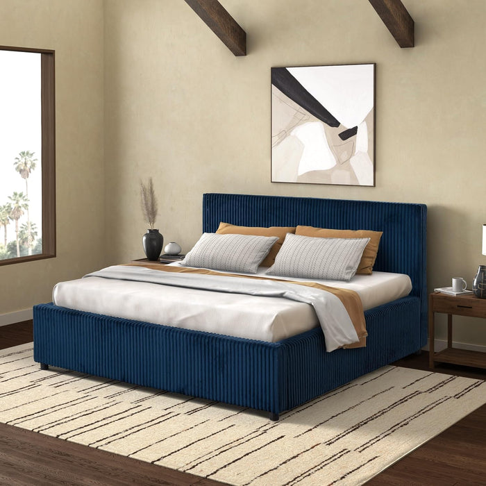 Couture Collection - Mallika Navy Corduroy Queen Bed, Channel Tufted Headboard, Plush Upholstery, No Box Spring Needed (SFV6117C-Q)