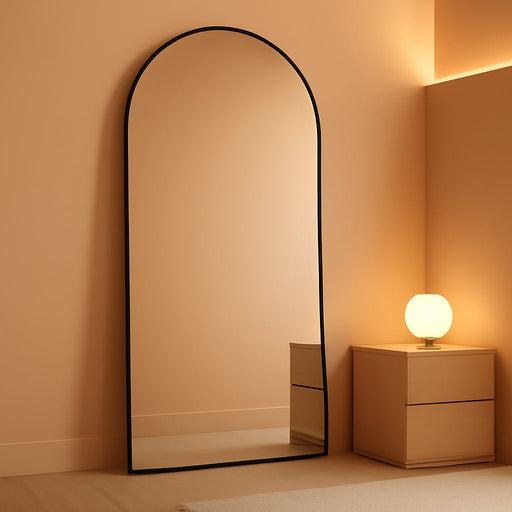 Full Length Mirror, 76"X34" Floor Mirror with Stand, Hanging Mounted Mirrors for Bedroom, Living Room, Cloakroom, Dining Room, Black, Arched