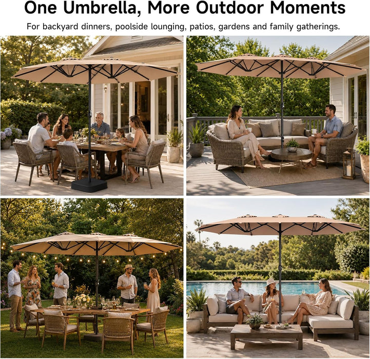 15Ft Patio Umbrella with Base Included, Extra Large Shade Area, Double Sided Rectangle with Crank Handle for Poolside, Garden, Yard, Beige