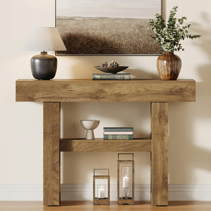 41.34-Inch Farmhouse Console Table, 2-Tier Narrow Sofa Table behind the Couch, Entryway Furniture with Storage Shelves for Hallway Foyer Living Room, Light Brown