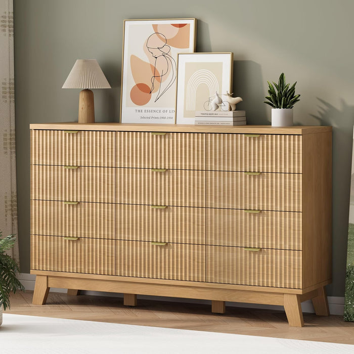 Fluted Dresser for Bedroom with 12 Drawers, 57" Wide Modern Chest of Drawers with Metal Handle, Wooden Dresser TV Stand, Wood Closet Clothes Storage Organizer for Living Room, Hallway, Natural Oak