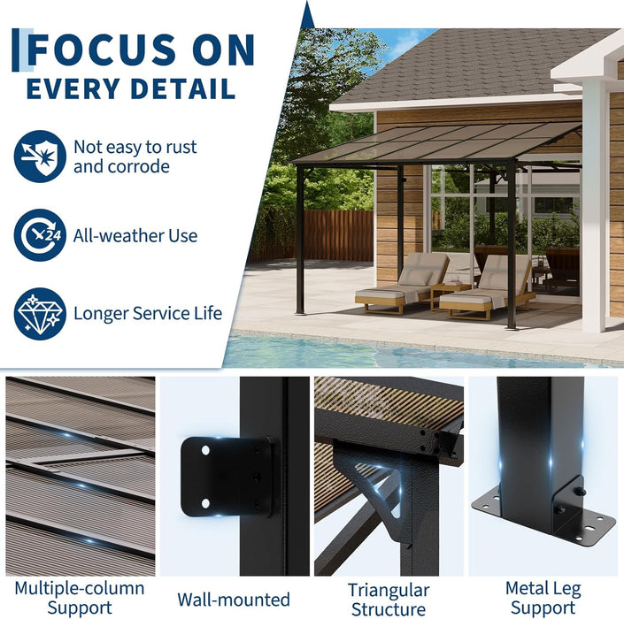 10 X 10 FT Wall Mounted Gazebo Pergola for Patio, Hardtop Gazebo with Sloped Polycarbonate Roof, Lean to Carport with 4-Pillar Aluminum Frame, Outdoor Garden Deck Shade for Decks, Backyard