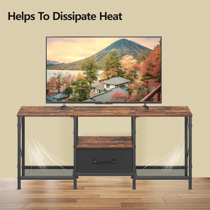 TV Stand with Fabric Drawer, Entertainment Center for 50 55 Inch TV, Industrial TV Console Table with Open Storage Shelves for Living Room, Bedroom, Rustic Brown