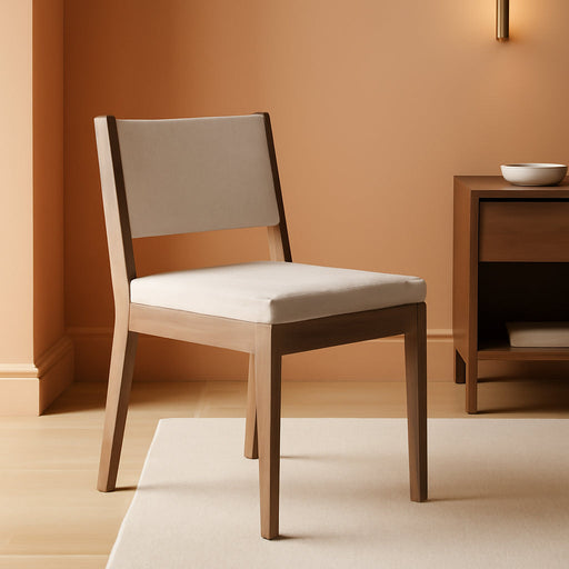 Linus Modern Upholstered Dining Chair with Solid Rubberwood Legs in a Wire-Brushed Light Brown Finish, Natural Flax/Brown