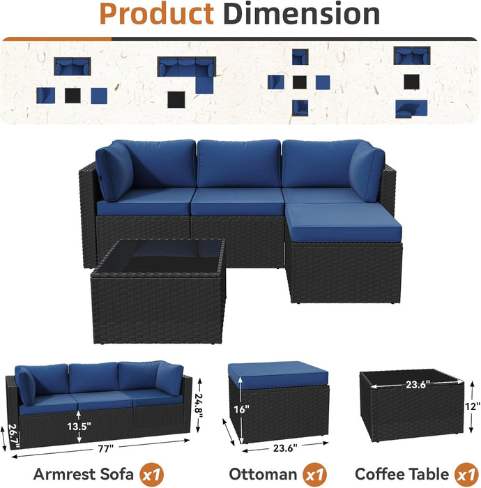 Patio Furniture Set 5-Piece, Outdoor Sectional Sofas with Washable Cushion, Wicker Rattan Patio Conversation Sets for Backyard Porch and Poolside, Navy