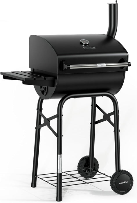 Barrel Style Charcoal Grill with Side Table, Adjustable Charcoal Rack, Air Vent and Warming Rack, Smoke Bbq Grill for Outdoor Patio Backyard and Camping