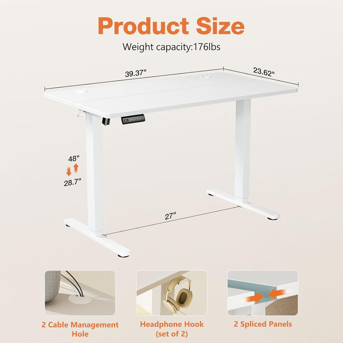 Electric Standing Desk Adjustable Height, 40X24 Inch Sit Stand up Home Office Desks Computer Workstation PC Work Table with 3 Memory Preset Splice Wood Board Metal Frame, White
