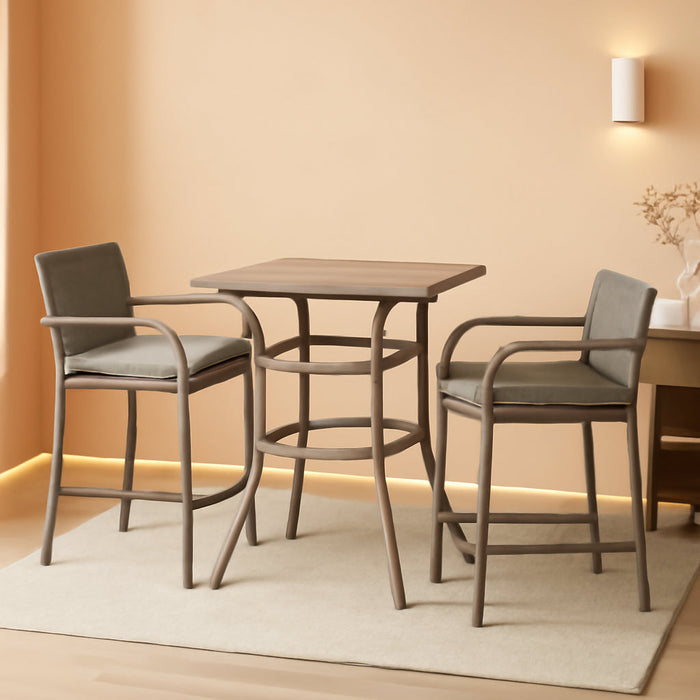 3 PCS Rattan Wicker Bar Set with Wood Grain Top Table and 2 Bar Stools for Outdoor, Patio, Poolside, Garden, Grey