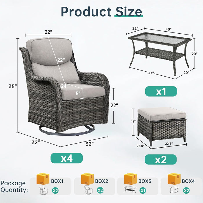 Outdoor Swivel Rocker Patio Chairs Set of 4 with Coffee Table - 5" Thick Cushion 7 Piece Furniture Set All Weather Comfortable Wicker Conversation Set for Porch Deck - Gray/Beige