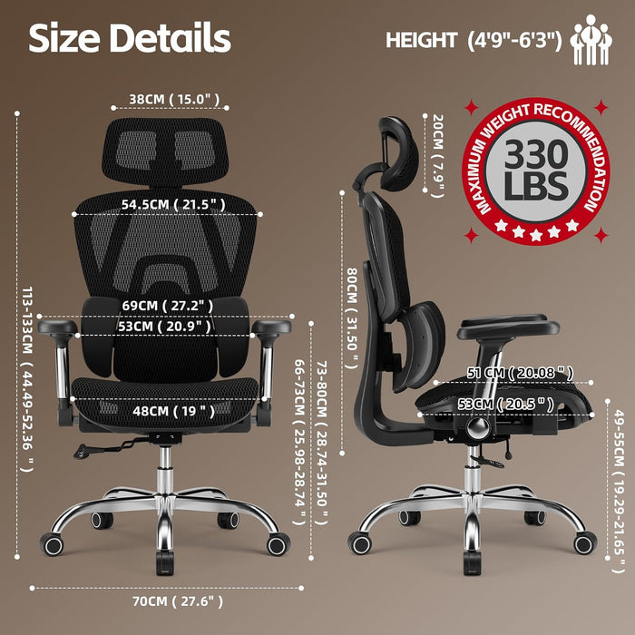 Mesh Office Chair Breathable, Office Chairs, Desk Chair with Adjustable Lumbar Support, Computer Chair, 5D Flip-Up Armrests, 330Lbs Capacity, Tilt Lock, 3D Headrest
