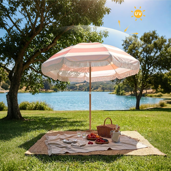 Upgraded Boho Fringe Umbrella, 6.5Ft Canvas Umbrella