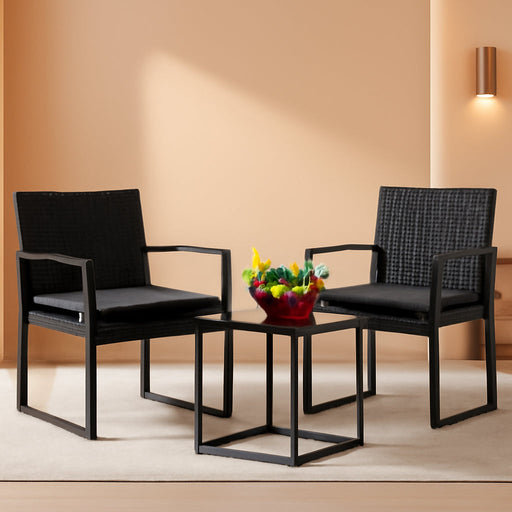 3 Piece Wicker Conversation Bistro Sets Outdoor Patio Set Modern Rattan Chair Furniture Sets with Coffee Table for Yard Garden Porch Lawn (Black)