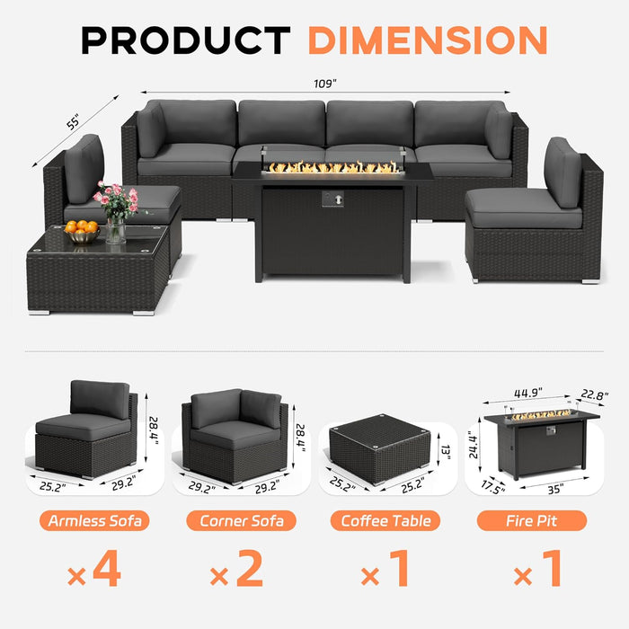 8-Piece Outdoor Patio Furniture Sofa Set with 45” Propane Gas Fire Pit Table, Black Rattan Wicker Sectional Conversation Sets with Glass Top Table and Cushions(Grey, W/Fire Pit Table)