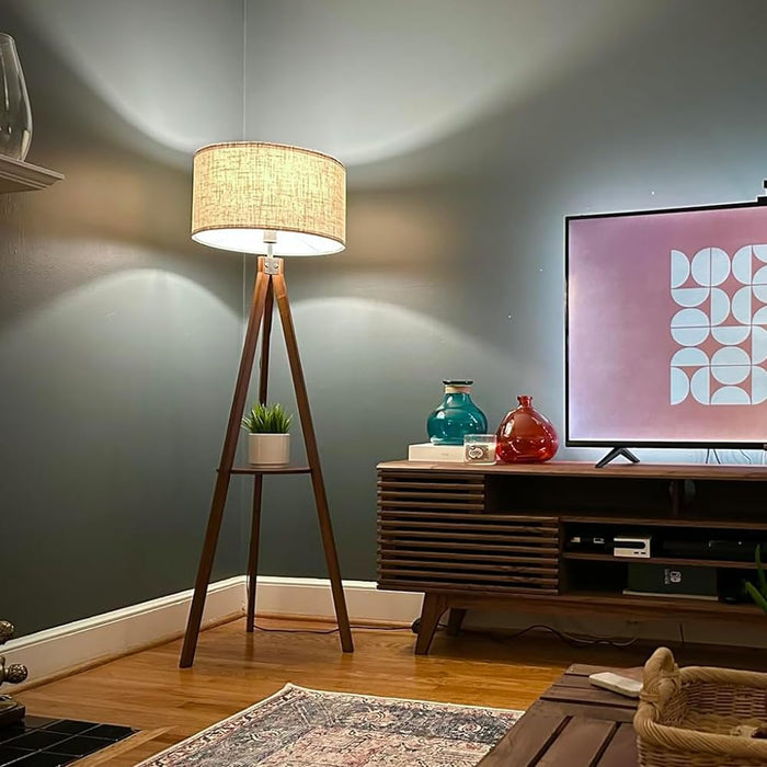 Tripod Floor Lamp, Mid Century Wood Standing Lamp, Modern Design Shelf Floor Lamp for Living Room, Bedroom, Office, Flaxen Linen Shade with E26 Base Brown