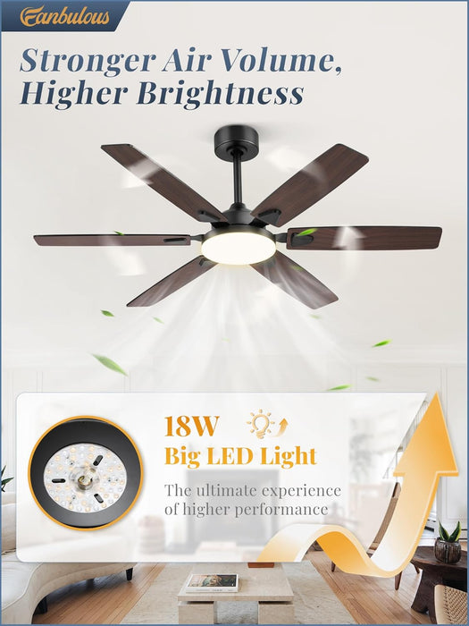 52 Inch Ceiling Fans with Lights, Indoor/Outdoor Modern Ceiling Fan with Reversible Blade and 2 Rods, Quiet DC Motor, 3CCT & 6-Speed Remote Control, Dual Finish Blade for Living Room/Bedroom