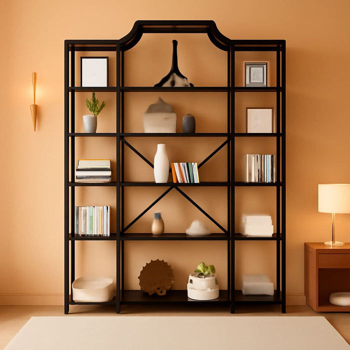 Triple Wide 5-Tier Bookshelf, 70.87" L X 79.13" H Extra Large Bookcase, Tall Open Etagere Display Shelf with Metal Frame, Freestanding Modern Storage Shelves for Home Office (Black)