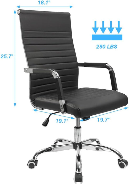 Ribbed Office Desk Chair Mid-Back PU Leather Executive Conference Task Chair Adjustable Swivel Chair with Arms (Black)
