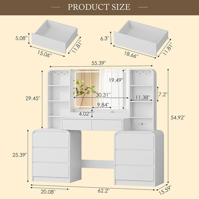 62" Makeup Vanity Desk with HD Lighted Mirror & Charging Station, White | 8 Drawers & Open Shelves, 3 Lighting Modes & Adjustable Brightness, Large Modern Dressing Table for Women & Girls