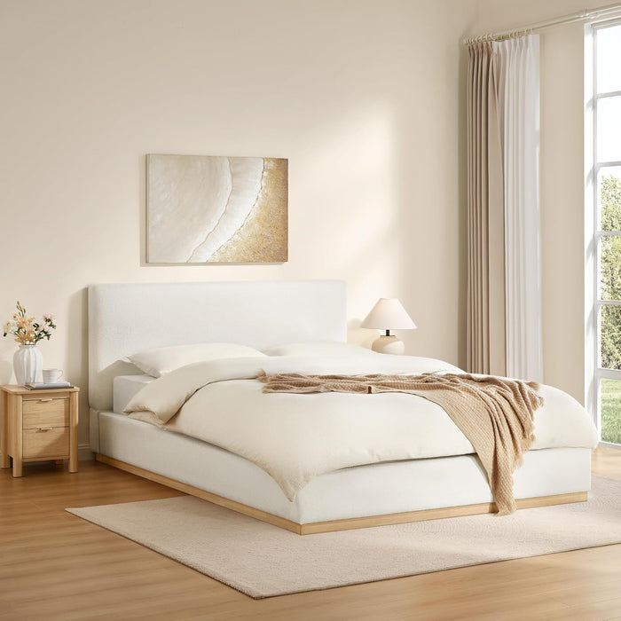 Upholstered Queen Size Bed Frame, Boucle Fabric Platform Bed Mattress Foundation Noise-Free No Box Spring Needed Easy Assembly
