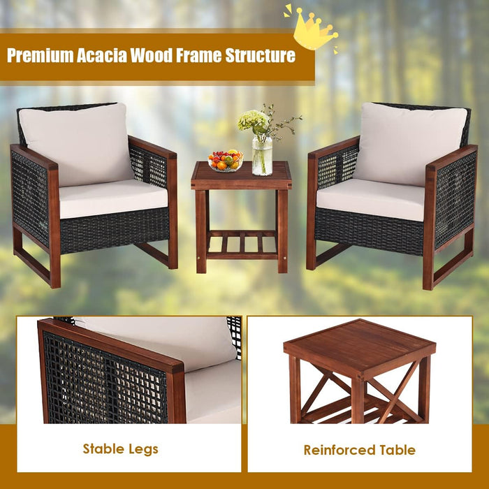 3 Pieces Outdoor Patio Furniture Set Wicker Chairs with Coffee Table, Balcony Porch Furniture Bistro Set with Wood Frame and Washable Cushions for Garden Poolside Backyard