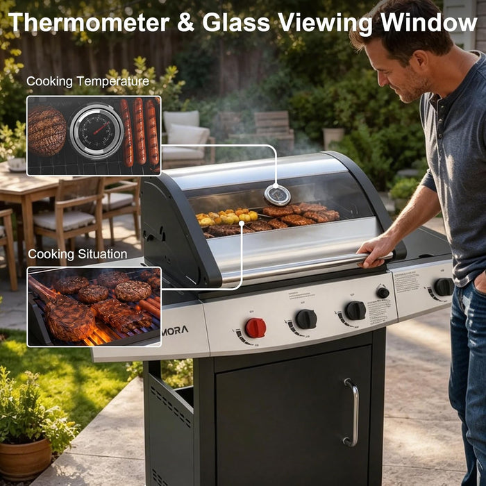 4 Burners Propane Gas Outdoor Grill 50,000 BTU, 553 Sq.In, Searing Burner, Side Burner, Porcelain-Enameled Grates BBQ Grill, Stainless Steel Propane Grill, Patio Garden Family Party Barbecues