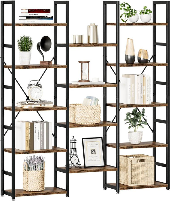 Triple Column 5 Tier Bookshelf, Bookcase with 14 Open Display Shelves, Adjustable Rustic Industrial Style Book Shelves, Modern Bookshelves for Bedroom, Living Room and Home Office, Vintage