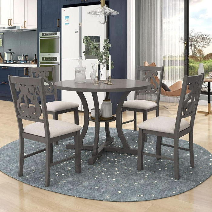 5 Piece round Dining Table Set 4 Retro Chairs with Special-Shaped Table Legs, Exquisitely Designed Hollow Chair Back for Dining Room, Gray