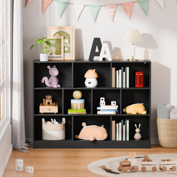 Black Bookshelf, 3-Tier Open Shelf Bookcase, 10 Cube Storage Organizer with Anti-Tilt Device, Freestanding Horizontal Bookshelf Cube Shelf for Bedroom, Living Room, Office