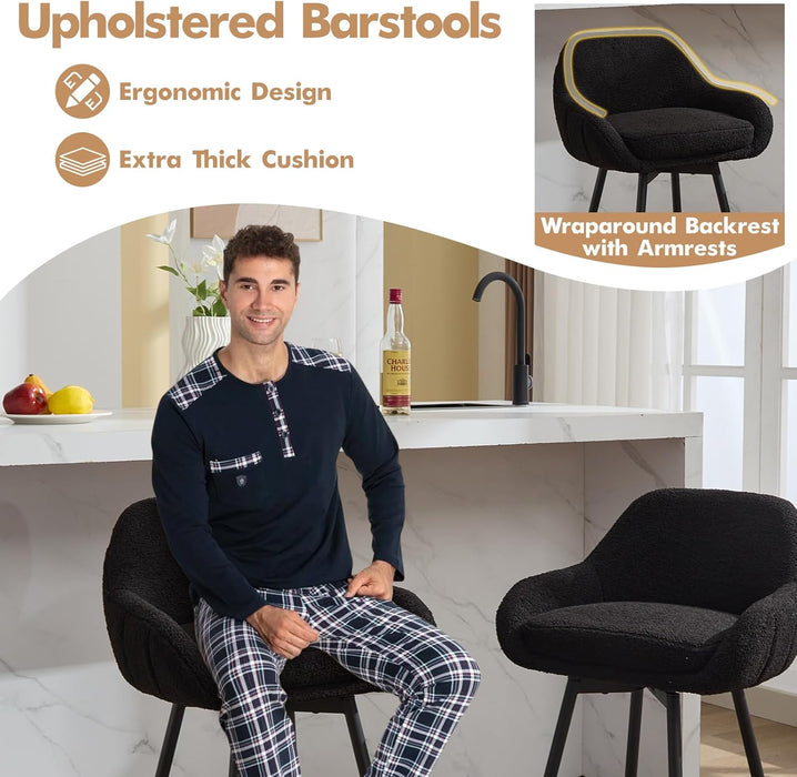 Modern Swivel Bar Stools Set of 2, 26" Counter Height Bar Stools for Kitchen Island, Upholstered Sherpa Fabric Barstools Island Chairs with Backs and Metal Legs, Black