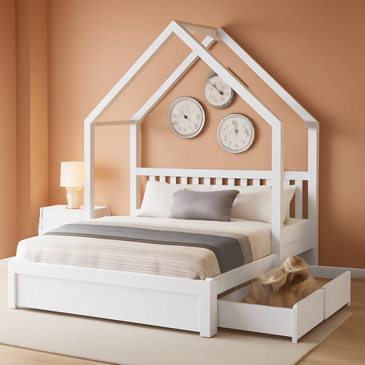 Queen Size Kids HouseBedFrame With UnderBedStorageDrawers