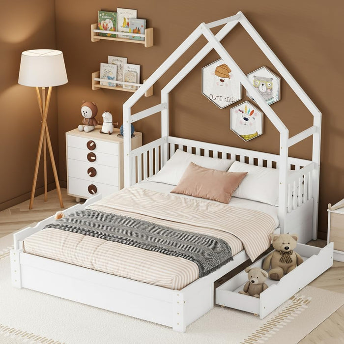Queen Size Kids HouseBedFrame With UnderBedStorageDrawers