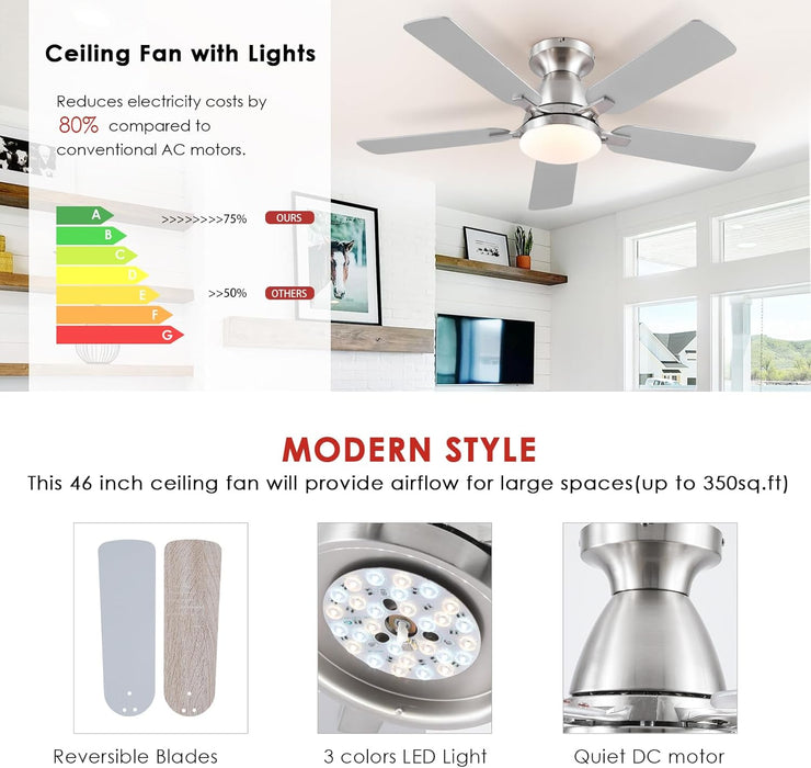 Ceiling Fans with Lights and Remote/App Control,46" Flush Mount Ceiling Fan Dimmable DC Motor，Low Profile Ceiling Fan for Bedroom,Living Room,Brushed Nickel