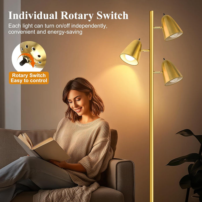 Tree Floor Lamp with 3 Light Bulbs, Standing Tall Pole Lamps for Living Room Bedroom Office, Reading Stand up Lamps with 3 Adjustable Arms, Brushed Gold
