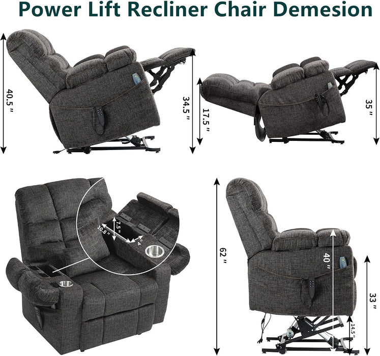 Oversized Power Lift Recliner Big Man 400Lbs, Extra Wide Recliner Chair with Lifts Vertically for Elderly, Features Cup Holder, Heat and Massage, Zero Gravity Lay Flat for Adults (Grey)