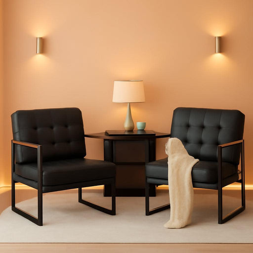 Mid Century Modern Accent Chair Set of 2, Comfy Living Room Chair, Black Leather Accent Chair, Faux Leather Reception Armchair with Metal Legs for Living Room Bedroom Reception Office, Black