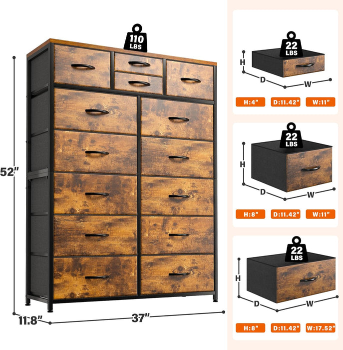 Tall Dressers for Bedroom with Drawer, Dressers for Bedroom, Fabric Dressers & Chests of Drawers for Living Room, Wooden Top, Sturdy Metal Frame, Rustic Brown, 11.8" D X 37" W X 52" H