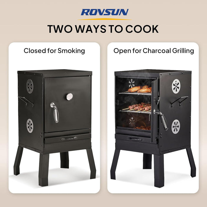 2-In-1 Outdoor Smoker with Door, Vertical Portable Charcoal Grill with Two Detachable Grill Smoking Racks and Charcoal Pan, Perfect for Camping Barbecue, Small Families, Black